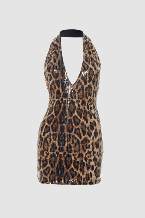 Leopardesque Halter V-Neck Mini Dress